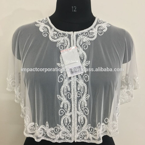 <b>Women's</b> Unique Style <b>White</b> Net Fabric Poncho <b>Shrug</b> Top Hand-Beaded Complete Embroidery Designs Long Clothing Spring Plus Size - Product Image 5