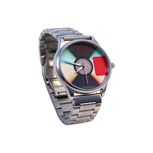 Reloj de la serie Bound2 de Kanye West, de alta gama, con cubierta de CD, movimiento de cuarzo, brazalete de acero, reloj nacional, unisex, esfera azul - Product Image 1