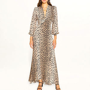 Abiti Lunghi Estivi Casual di Alta Qualità Personalizzati, Eleganti Vestiti da Sera in Raso a <span class=keywords><strong>Maniche</strong></span> <span class=keywords><strong>Lunghe</strong></span> con Stampa a <span class=keywords><strong>Pois</strong></span> o Leopardata per Donne - Product Image 1