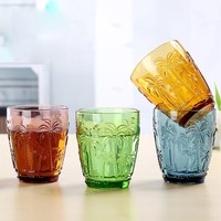 Tasse en verre artisanale vintage avec motif de palmier en relief, colorée, moderne, respectueuse de l'environnement, unisexe, compatible lave-vaisselle, pour boire de l'eau