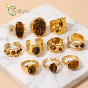 Anillo Abierto de Acero Inoxidable Chapado de Lujo Fatingna J&D para Mujer, con Ojo de Tigre Ovalado Redondo y Diseño Martillado, Joyería para Boda, Compromiso y Regalo - Product Image 1