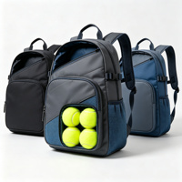 Sac à dos portable pour raquette de tennis en polyester gris-bleu avec poche avant pour balles, poches latérales en filet, sangle de poitrine, design multifonctionnel