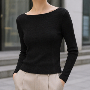 <span class=keywords><strong>Pull</strong></span> fin et ajusté en maille côtelée à <span class=keywords><strong>col</strong></span> <span class=keywords><strong>bateau</strong></span> et manches longues pour <span class=keywords><strong>femme</strong></span>, style basique minimaliste, idéal pour le printemps, <span class=keywords><strong>noir</strong></span>, OEM ODM - Product Image 2
