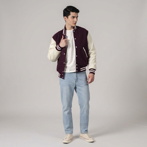 <b>Mens</b> Varsity <b>Jacket</b> Maroon and <b>White</b> Custom Letterman Baseball Bomber College <b>Jacket</b> with PU Leather Sleeves OEM Manufacturer - Product Image 1