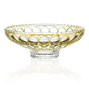 Luxury Gold Painting Glass Fruit Bowl Thick Bottom Glass Fruit Plate With Angle Design