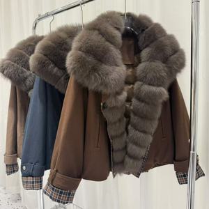 Veste matelassée épaisse en fourrure de renard véritable naturelle pour femmes, <span class=keywords><strong>parka</strong></span> imperméable en duvet de canard avec manches en forme de grille - Product Image 1