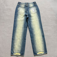 Pantalon en jean décontracté coupe droite délavé style vintage avec sérigraphie personnalisée, effet usé et déchiré pour homme