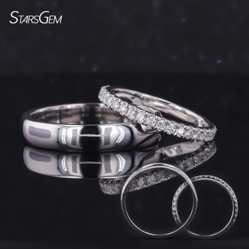 Starsgem 18k anel de ouro branco rodada D VVS laboratório crescido diamante anéis de casamento casal conjunto