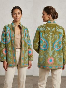 Women's Velvet Floral Embroidery Quilted Blazer <b>Mandarin</b> <b>Collar</b> Full Sleeve Autumn Winter <b>Jacket</b> Suzani Embroidery Quick Dry - Product Image 2