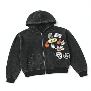 Sudadera con capucha extragrande para hombre, con cremallera, estampado patchwork negro, estilo urbano, logo frontal, para otoño, corte regular, algodón French Terry - Product Image 2