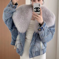 Neuer Luxus Damen Jeans-Daunenmantel Winterparka mit Abnehmbarem Großem Fuchspelzkragen Gänsedaunenjacke Custom Streetwear