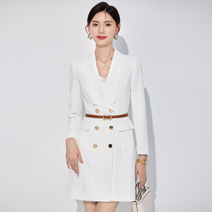 Black Suit Dress Women Long Sleeve Notched Collar Double Button Sheath Career Wear Solid Color Polyester Dress - Product Image 2