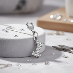 Ciondolo a forma di lettera I in cristallo placcato argento con pietre trasparenti per la creazione di gioielli - Product Image 3