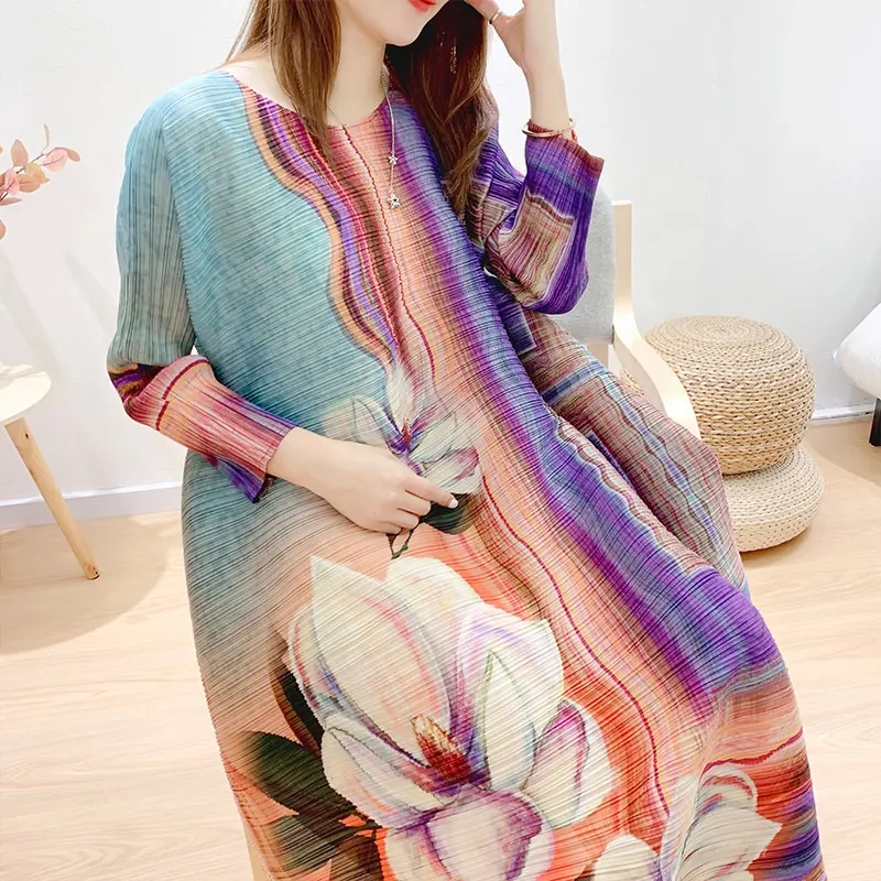 plus size dresses maxi dress Loose Multi-color flower printed pleated mother Long dress