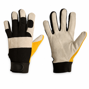 Gants de travail en daim gris avec dos en maille noire, patch jaune au pouce, poignet réglable par velcro, gants de mécanicien robustes et utilitaires - Product Image 1
