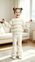 Ensemble en tricot de laine d'agneau pour enfant, style princesse, pull à manches longues avec décorations de perles et pantalon évasé avec bordure en fourrure, couleur park