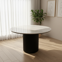 Table à manger ronde de design moderne et luxueux avec plateau en marbre et structure en bois massif, 6 places, pour hôtel et appartement