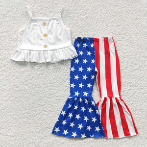 Vente en gros de tenues pour enfants, filles, tout-petits, décontractées, écologiques, à l'effigie du 4 juillet, hauts imprimés + ensembles de pantalons évasés, tenues patriotiques - Product Image 2