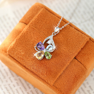 Collier trèfle à quatre feuilles en pierre naturelle colorée, argent sterling 925, pavé de cristaux de pierres précieuses taillées en poire, bijoux pour femmes - Product Image 4