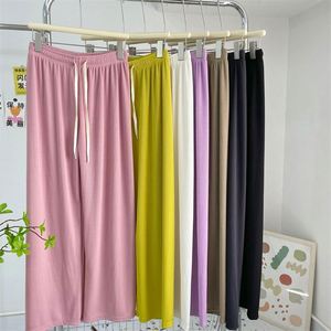 I-0576 Nouvelle collection été Pantalon large en soie glacée à rayures éclatantes, taille haute, respirant, élégant, décontracté et longueur ras du sol - Product Image 4