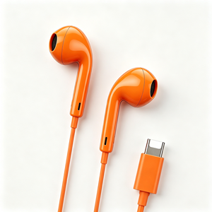 Auriculares estéreo con cable tipo C, acabado liso naranja, semi intrauditivos, con control de volumen, para móvil, venta al por mayor. - Product Image 1