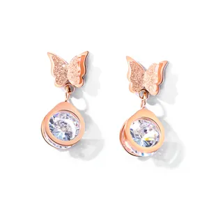 Orecchini a farfalla in oro rosa 18K da donna con supporto personalizzato in acciaio inossidabile con pietra di zircone alla moda per feste in stile ODM