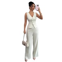 Ensemble deux pièces pour femmes, été 2025, nouveau style européen et américain, couleur unie, sans manches, veste ajustée, pantalon taille haute en polyester et élasthanne