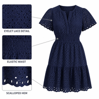 Robe Courte Femme Unie en Dentelle Brodé à Œillets, Manches Courtes Volantées, Col V Cranté, Taille Smockée, Ourlet Volanté, Décontractée, Été, OEM ODM