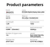 Câble de données Yesido 1,2 mètre Type-C vers Type-C PD 100W Super Charge Rapide avec Affichage Numérique Intégré