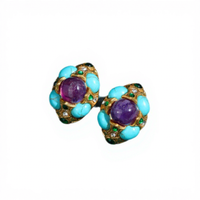 Boucles d'oreilles clous médiévales rétro en améthyste et turquoise craquelée, assorties, avec ensemble tendance