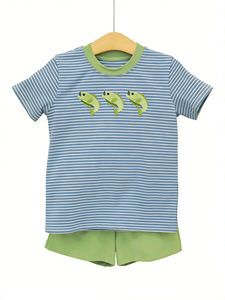 Conjunto de Ropa de Verano para Bebé Niño, Diseño Personalizado BSSO2000, Estampado de Cachorro en Camuflaje Azul, Venta al Por Mayor, Manga Corta - Product Image 3