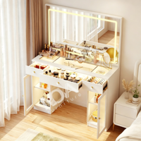 Table de maquillage avec plateau éclairé, miroir LED, boutons en cristal, armoires de rangement en acrylique et prise électrique