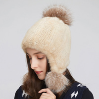 Gorros de invierno de punto de piel de visón genuino para mujer, Gorro con pompón de piel, gorro de bombardero, gorro de esquí de nieve Ushanka Trapper