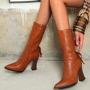 Bottes mi-mollet pour femme en PU solide avec fermeture éclair latérale, bottes d'hiver à bout pointu, grande taille 50, bottines à talon épais pour femmes - Product Image 1