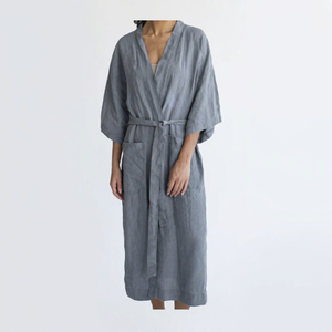 Natural 100% Pure Linen <b>Women's</b> Kimono Style Luxury <b>Robe</b> V-neck Full Length Breathable & Quick <b>Dry</b> ODM Supplier Manufacturer - Product Image 2