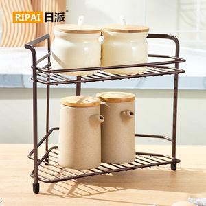 Japanese Style <b>Kitchen</b> Storage <b>Rack</b> Double Layer Corner Shelf With Handle For Condiments And <b>Spices</b> Home Wrought Iron Organizer - Product Image 4