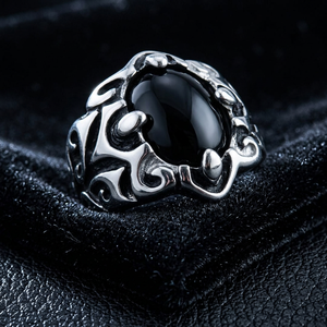 Men's Stainless Steel <b>Ring</b> Geometric Shape Oval Black Stone Bezel Setting Plant Pattern Jewelry Gift - Product Image 1