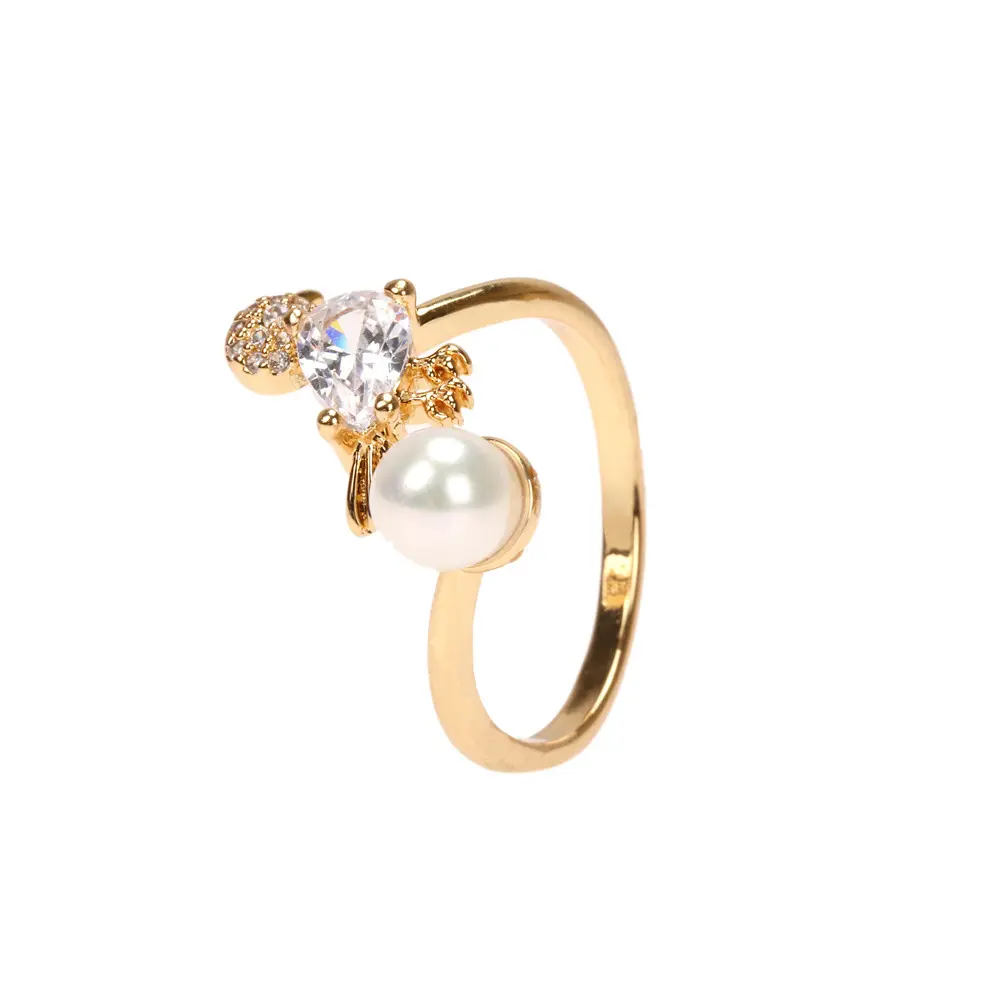 Ins Female Fashion 18K Gold Plating Zircon Finger Ring Layered Zircon Pearl Opening Ring