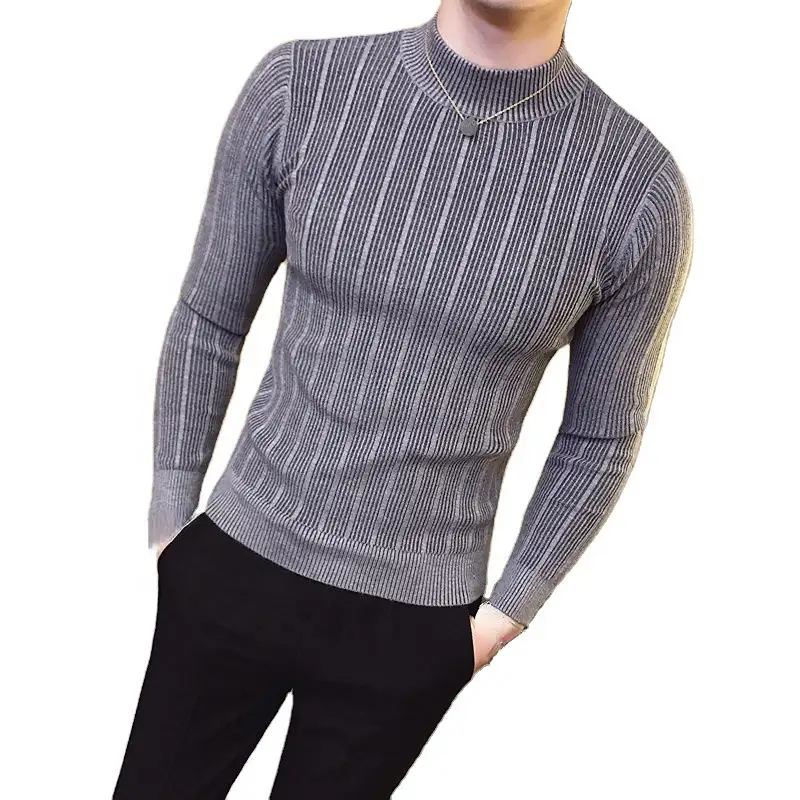 Pullover men's sweater 2023 casual striped solid color sweater men's half-high collar stretch tight sweater slim knit top