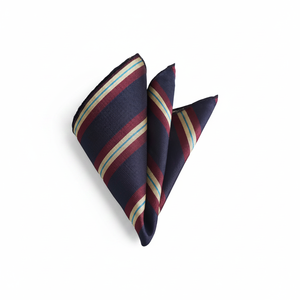 Foulard tissé en jacquard à rayures bordeaux et jaune sur fond bleu marine - Product Image 2