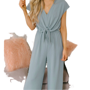 Combinaison décontractée tricotée pour femme, coupe ample, taille haute, col en V, couleur unie, sans manches, respirante, longueur intégrale, printemps-été - Product Image 1