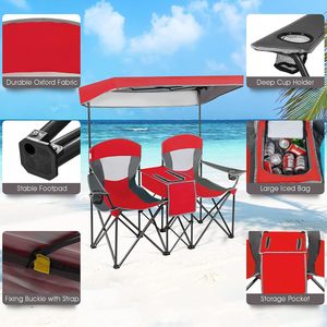 Chaise double de camping et de plage avec auvent et sac isotherme, 2 places, pliable, avec porte-gobelets pour pique-nique en extérieur - Product Image 2