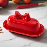 Couvercle nœud papillon rouge rose Accessoire de cuisine Gardien de beurre à fromage Plat à beurre en céramique