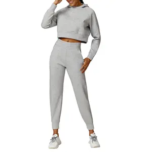 Mulheres 2024 Causal Lounge wear Conjuntos Custom Hoodie e Jogger Define Cor Sólida Tecido De Algodão De Duas Peças Colheita Top Jogger Set