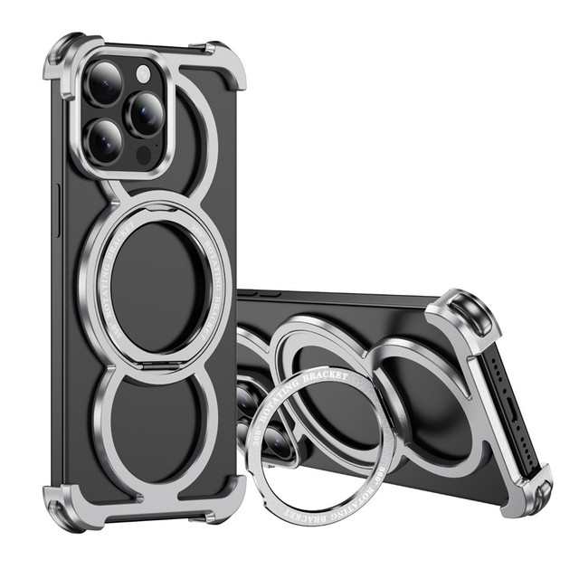 Frameless Aluminum Metal Magnetic Phone Case for iPhone 16 17 Pro Max With 360 Dgreen Rotation Ring Stand Bumper Shockproof Case