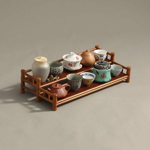Estante de bambú de doble capa para juego de té, soporte de almacenamiento hecho a mano para té Kung Fu, tipo retro, no plegable - Product Image 1