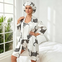 Robe kimono en satin à imprimé léopard blanc P674 avec camisole et short à volants, ensemble 4 pièces avec bonnet de nuit, vêtements de nuit pour femmes
