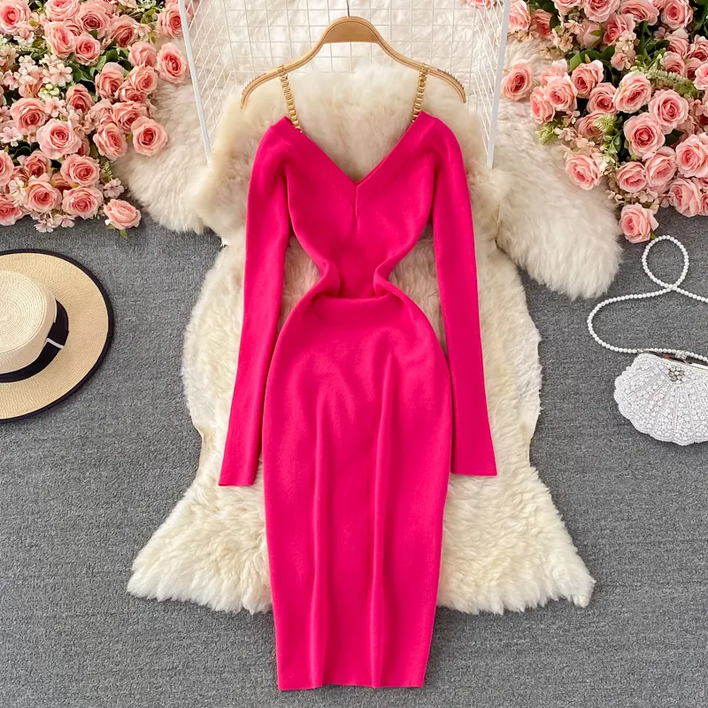 High Quality V-neck Strap Dress Mid-Length Autumn Over Knee Tight Knitted Dress Party Sexy Chain Sling Off Shoulder Hip Dress