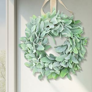 Custom Cross-border Flocking Rabbit Ear Leaf Simulation Rattan Circle Green Plant Bohemian Style Durable 40cm <b>Wreath</b> <b>Decoration</b> - Product Image 1