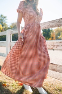 Women's <strong>Red</strong> White <strong>Gingham</strong> v Neck Puff Sleeve High Waist Maxi Dress for Vocation or Daily Wear - Product Image 5